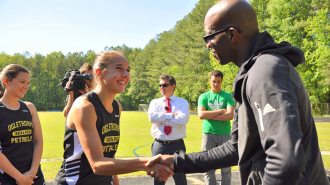 UK’s Sky Sports Films Edwin Moses with Oglethorpe Track Athletes