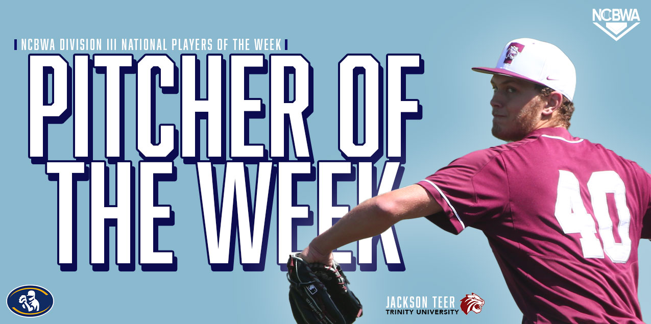 Trinity's Teer Named NCBWA Division III Pitcher of the Week